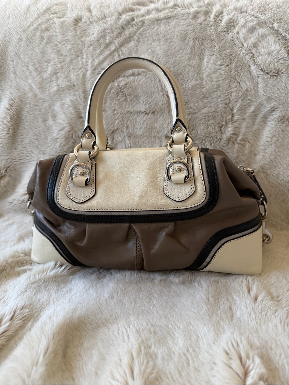 Coach Two-Tone Leather Ashley Two-Way Satchel in Cream and Brown - Picture 3 of 11